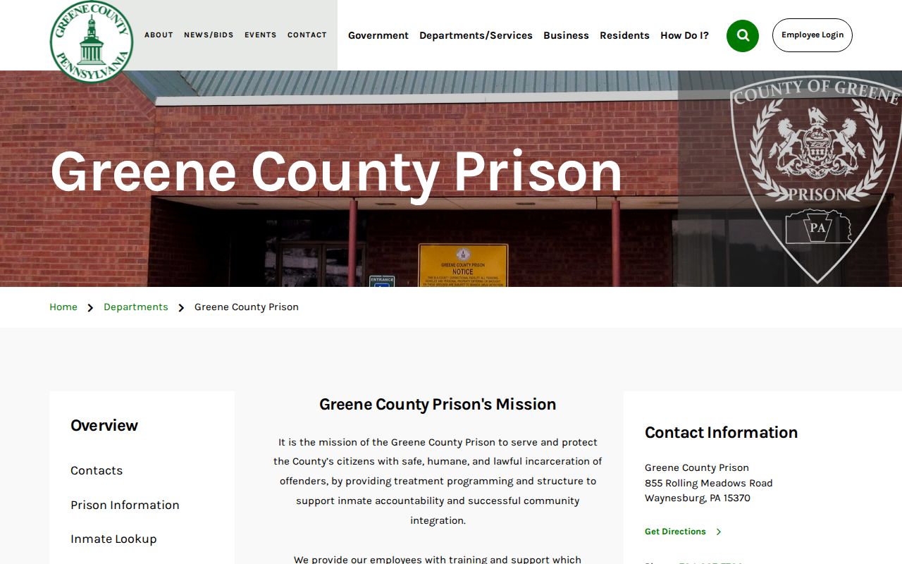 Greene County Prison booking record and custody information page