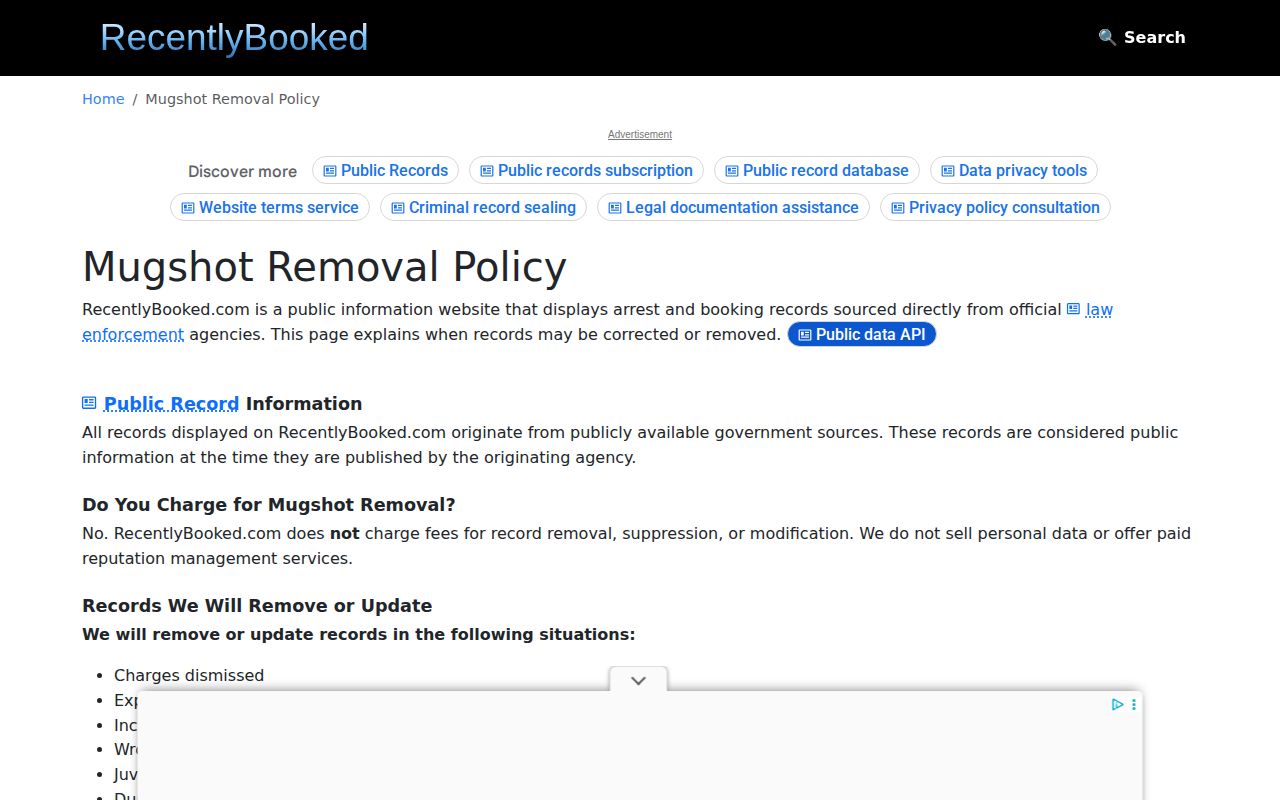 RecentlyBooked Greene County booking record correction policy page